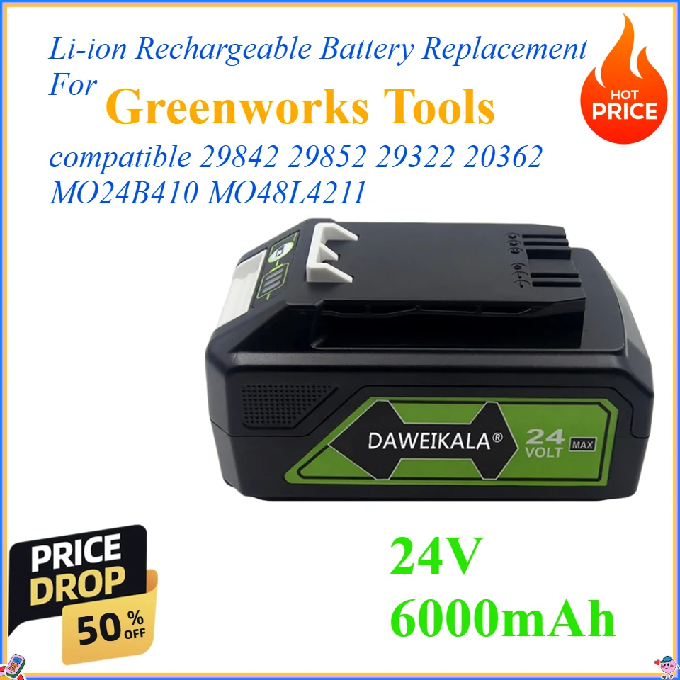 

24V 6000mAh Li-ion Rechargeable Battery Replacement For Greenworks Tools compatible 29842 29852 29322 20362 MO24B410 MO48L4211