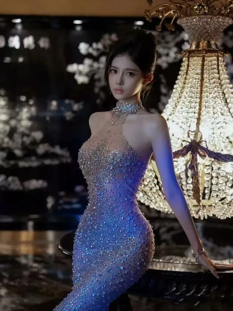 Luxury Sparkling Diamond Halter Dress Goddess Pencil Skirt for Party Annual Meeting Performance Women's Elegant Gown