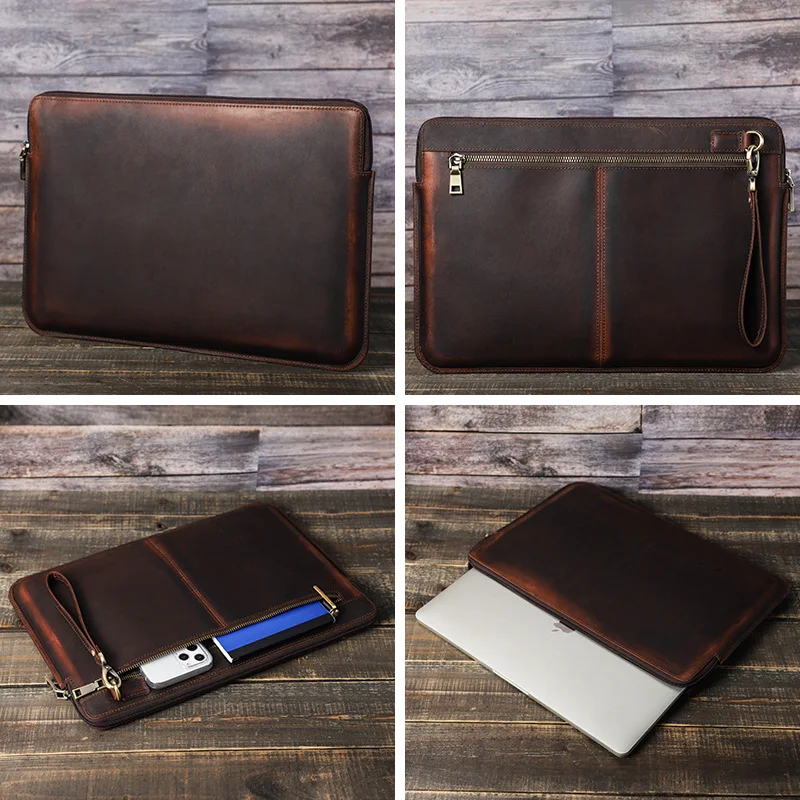 Premium Vintage Crazy Horse Leather Laptop Sleeve Durable Zipper Protective Case MacBook Laptops Perfect Bag for Business Travel