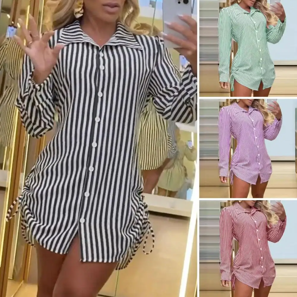 Single-breasted Shirt Dress Striped Print Shirt Dress Stylish Collar Drawstring Detail Long Sleeves for Wear Mini Dressing