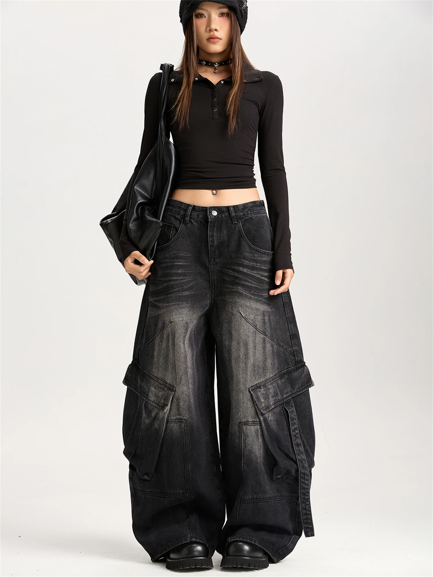 Women's High Waist Wide Leg Black Jeans Vintage Washed Multi-Pocket Cargo Style Gothic Y2K Streetwear Loose Denim Trousers
