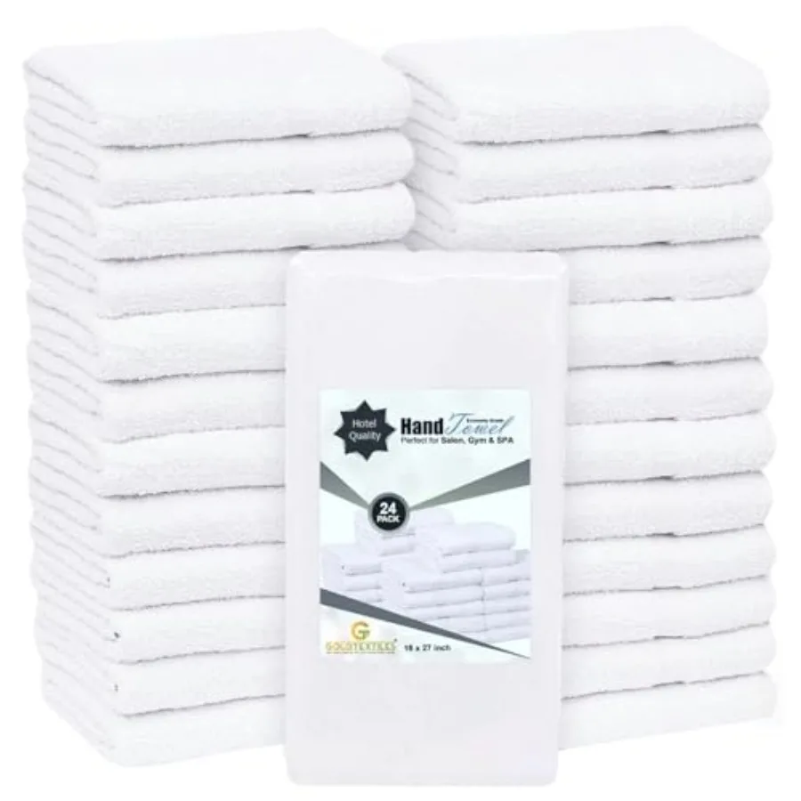 

24 шт. (2 дюжины) белых полотенец для рук из смесового хлопка, 16x27 дюймов, эконом-класс, для салонов/спортзалов/отелей, супервпитывающие, идеально подходят для кухни и уборки.