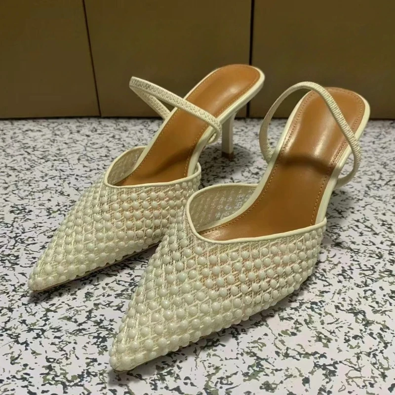 

Brand Pointed Toe High Heeled Sandals for Women Woven Mesh Design 2025 Summer Dress Slingbacks Classic White Office Lady Shoes