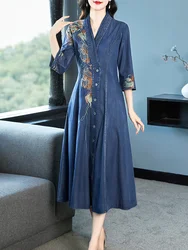 TIYIHAILEY Women Denim Dresses Long Mid-Calf Single Breasted Autumn M-3XL Chinese Style Embroidery V-neck 2024 New Vintage
