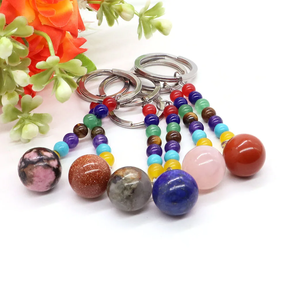 Natural Crystal Stone Lapis Lazuli Rose Quartz 7 Chakra Keychain Pendant Agate Ball Handbag Decor Motorcycle Key Ring Holder