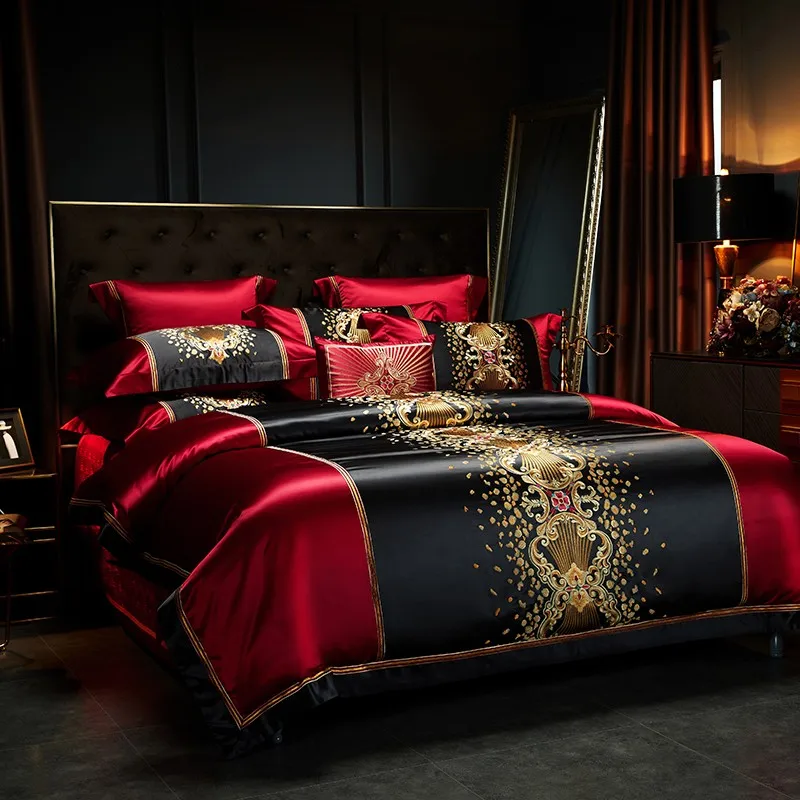 8Pcs Luxury Black Red Silk Satin and Egyptian Cotton Bedding Set Chic Embroidery Patchwork Duvet Cover Bed Sheet Pillowcases