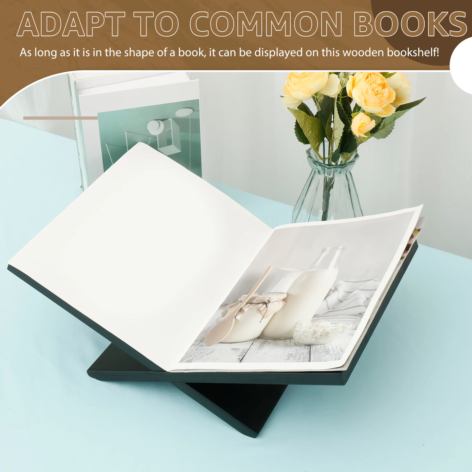 حامل كتب من الخشب الصلب بإطار متقاطع أسود حامل كتب للمجلات وكتاب الطبخ والكتب المدرسية والدراسة الفنية وديكور طاولة القهوة #2
