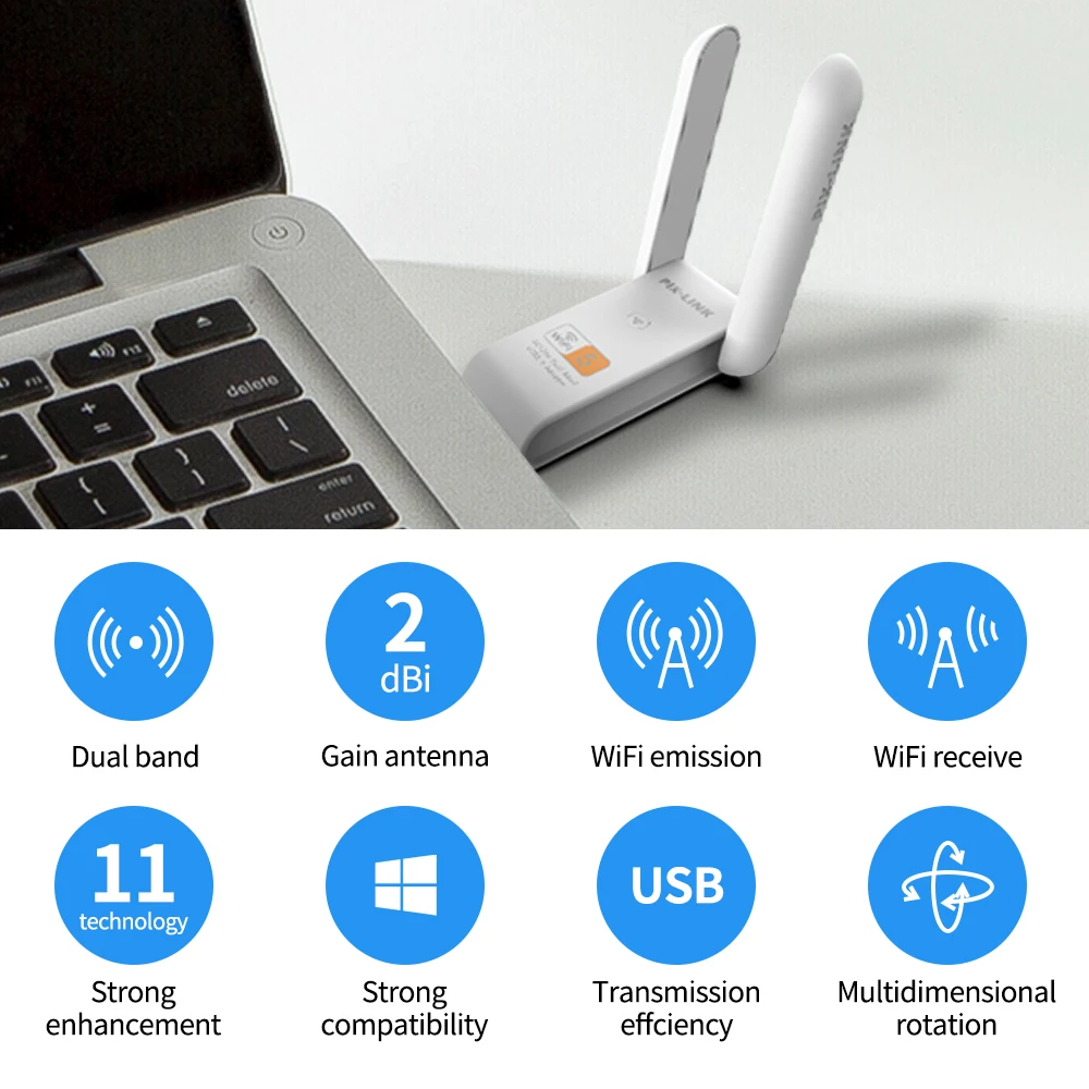 PIXLINK-Mini Dual Band WiFi Adapter, USB 3.0, Placa de Rede Sem Fio, Dongle 5GHz, 2.4GHz com Antenas, UAC15, 1200m