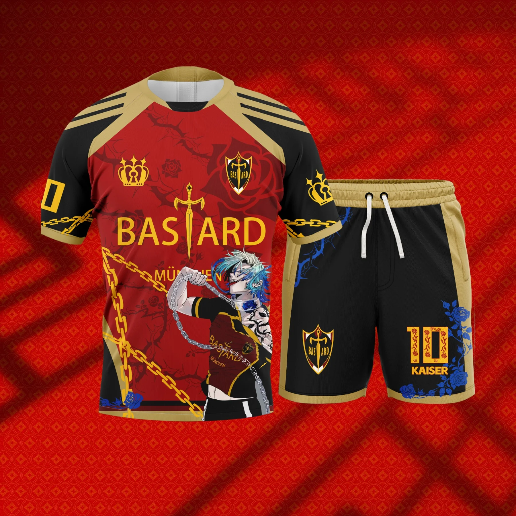 

Jersey Soccer Cosplay Michael Kaiser Soccer Pattern Replika Blue Lock Bastard Munchen Anime Men's T-Shirt Shorts Set Fashion Men