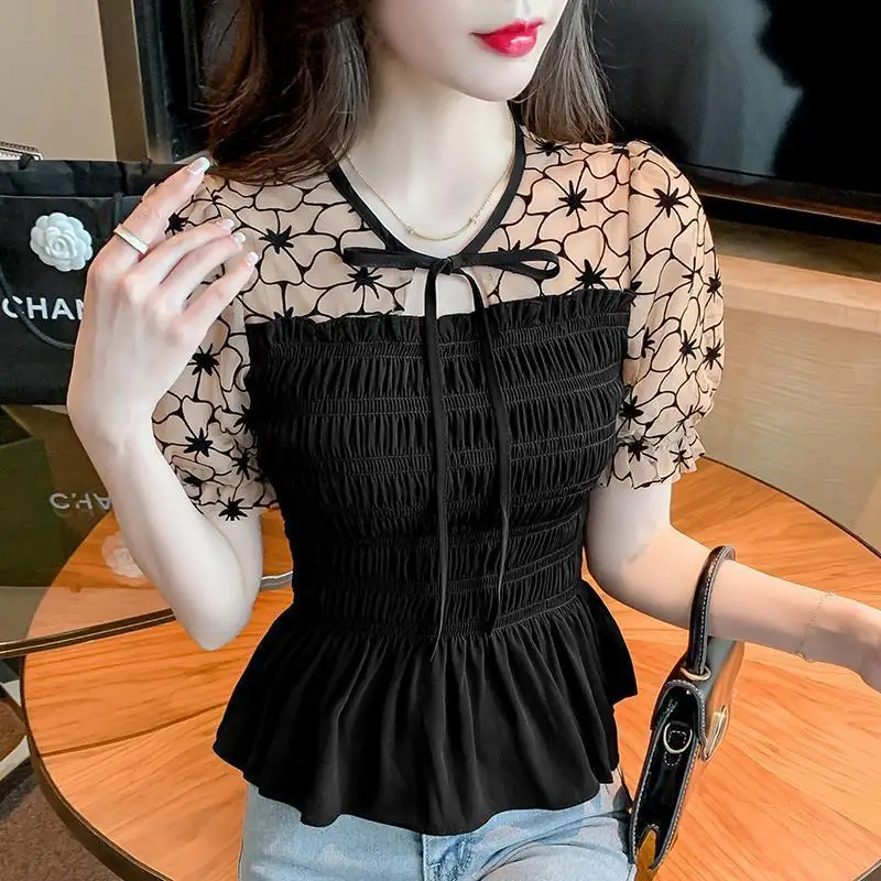 2024 Summer New Korean Stylish Puff Sleeve Blouse Classic Contrast Color Spliced Collect Waist Slim Age Reduction All-match Tops