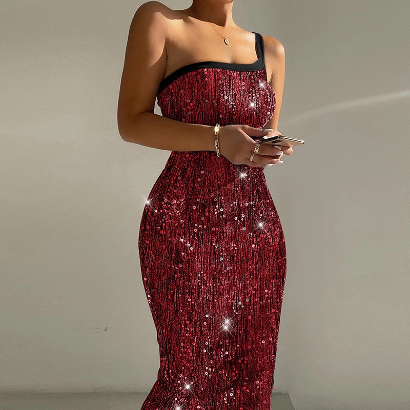 2025 Women Sequins Bodycon Party Dress Fashion Glitter Wrap Banquet Midi Dress Ladies Elegant Stitching Diagonal Collar Dresses