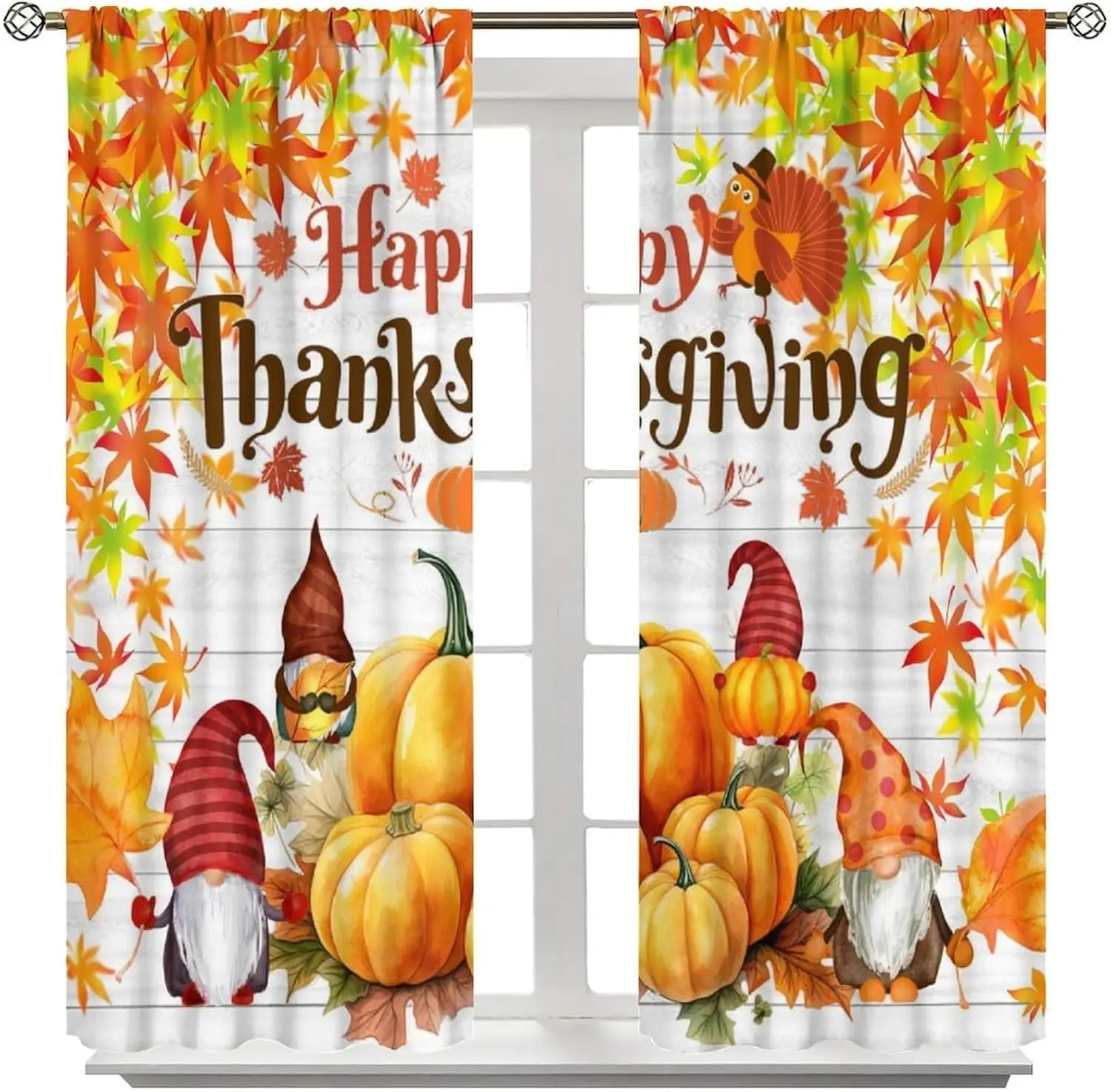 Fall Curtain, Gnomes Autumn Thanksgiving Watercolor Maple Leaf Pumpkin Window Drapes for Kitchen Living Room Window Treatments