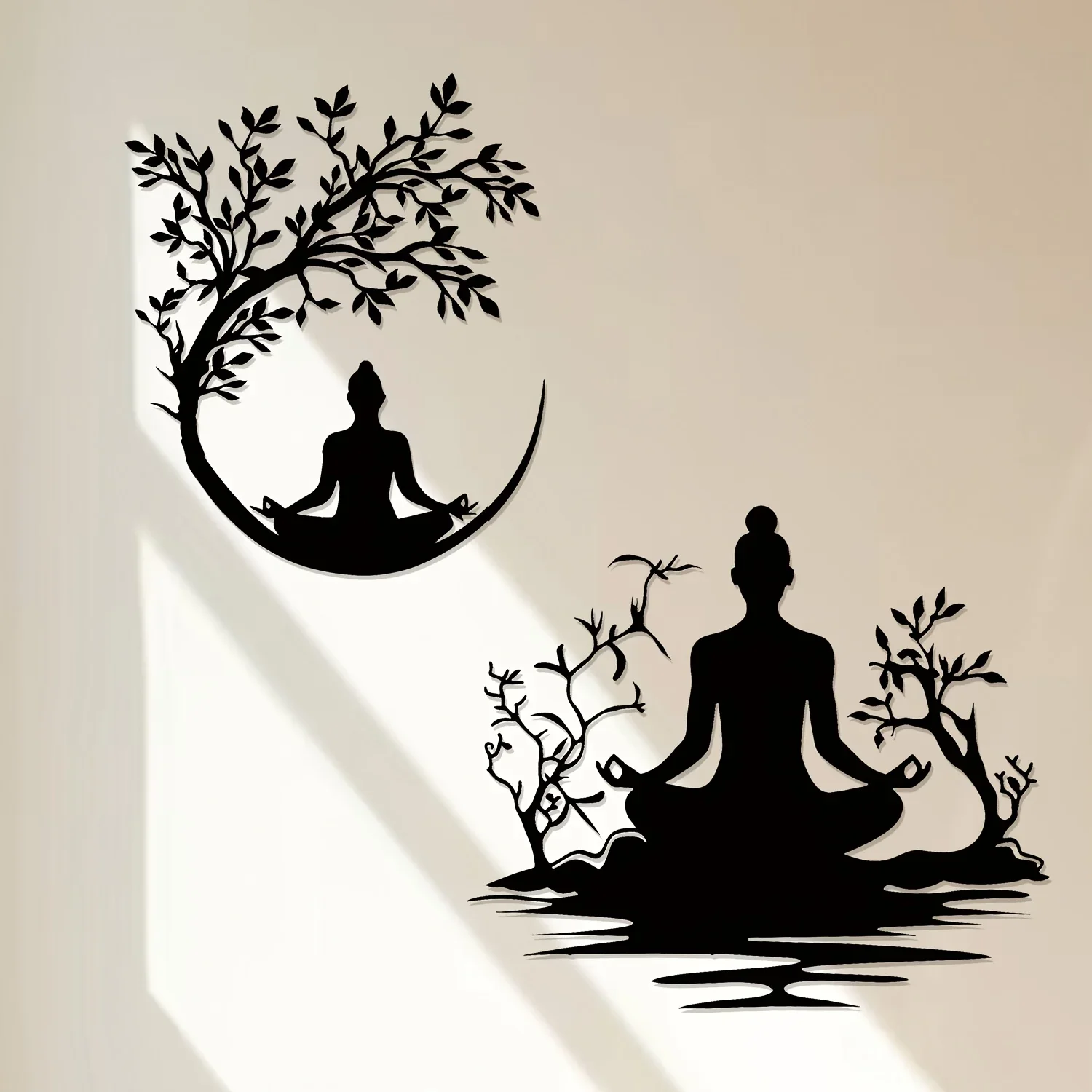 CIFBUY 2pcs Black White Monk Meditating Under Tree of Life Iron Wall Decor Artistic Ornament For Outdoor Garden Yard Patio