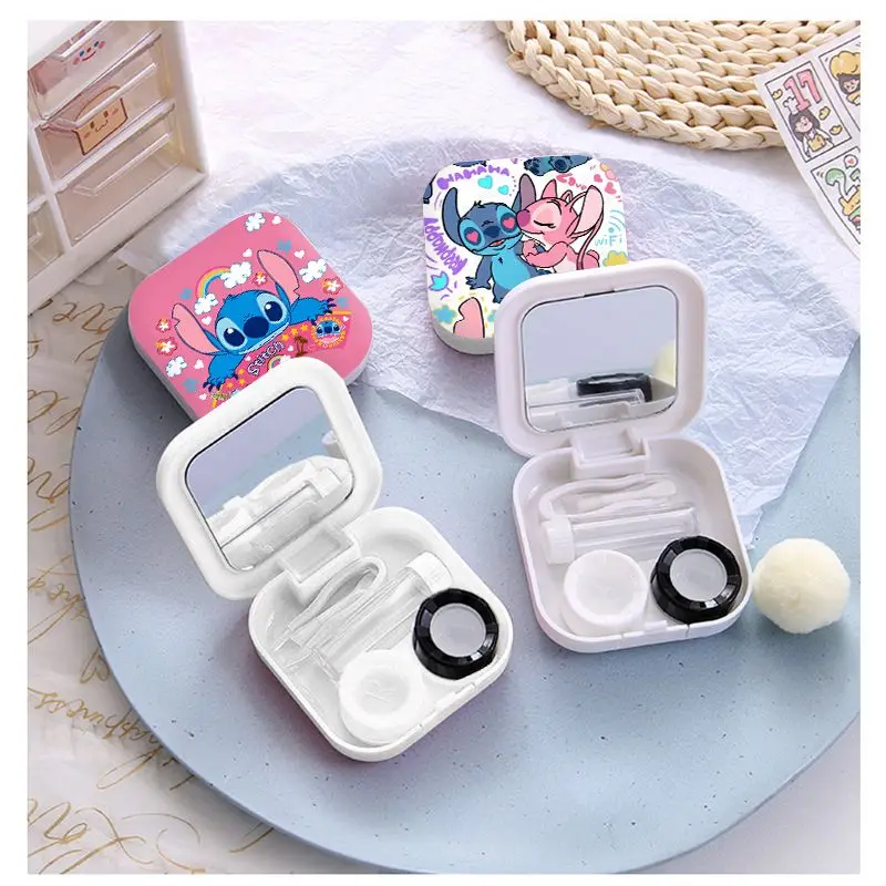 Disney Stitch Fashion Contact Lens Case Beauty Eye Box Container Cartoon Mini Glasses Care Box Storage Box with Tweezer Mirror