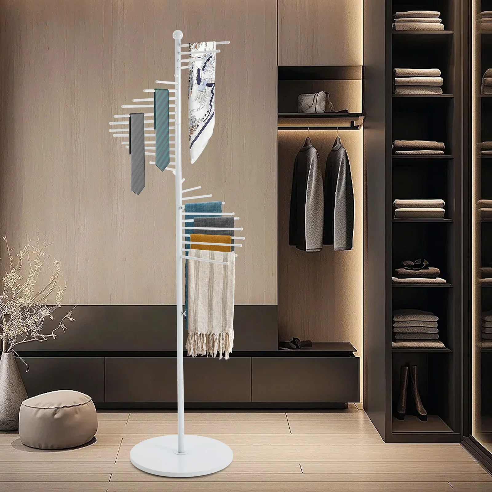 

Modern White 5.58ft Floor Standing Spiral Scarf Display Rack, Adjustable Height Multi-Tiered Hanging Organizer for Scarves, Ties