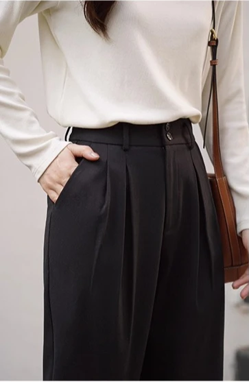 ハイウエストウール風パンツ レディース 厚手 暖かい ワイドレッグパンツ エレガント 冬用 ルーズフィット テーラードスラックス デイリーシックスタイル