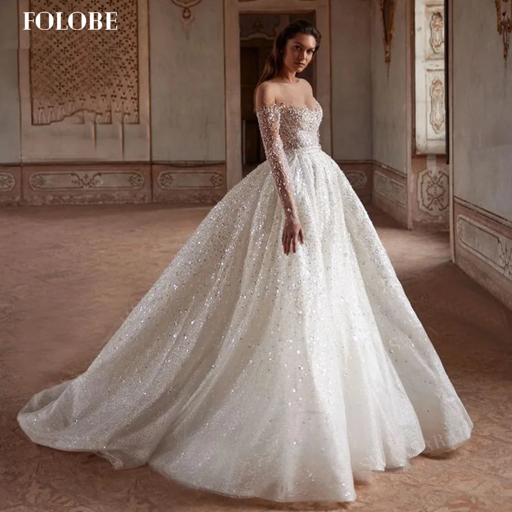 

FOLOBE Великолепное бальное платье с вырезом лодочкой Роскошное свадебное платье с длинным рукавом Блестящие бисерные платья принцессы невесты по индивидуальному заказу