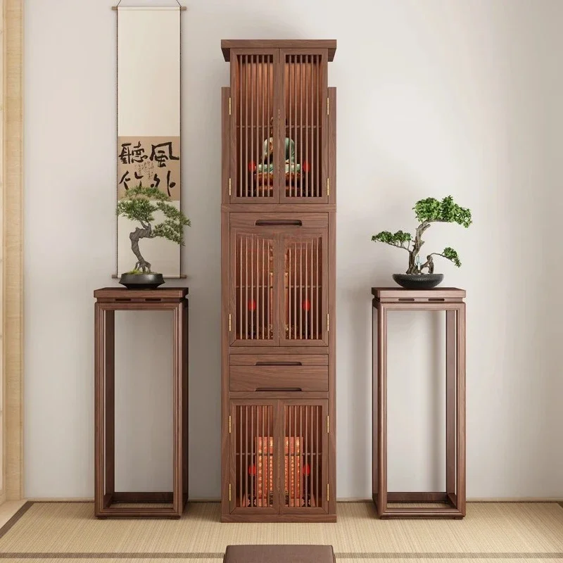 A Solid wood three-layer cabinet with door, black walnut shrine, household land main shrine cabinet