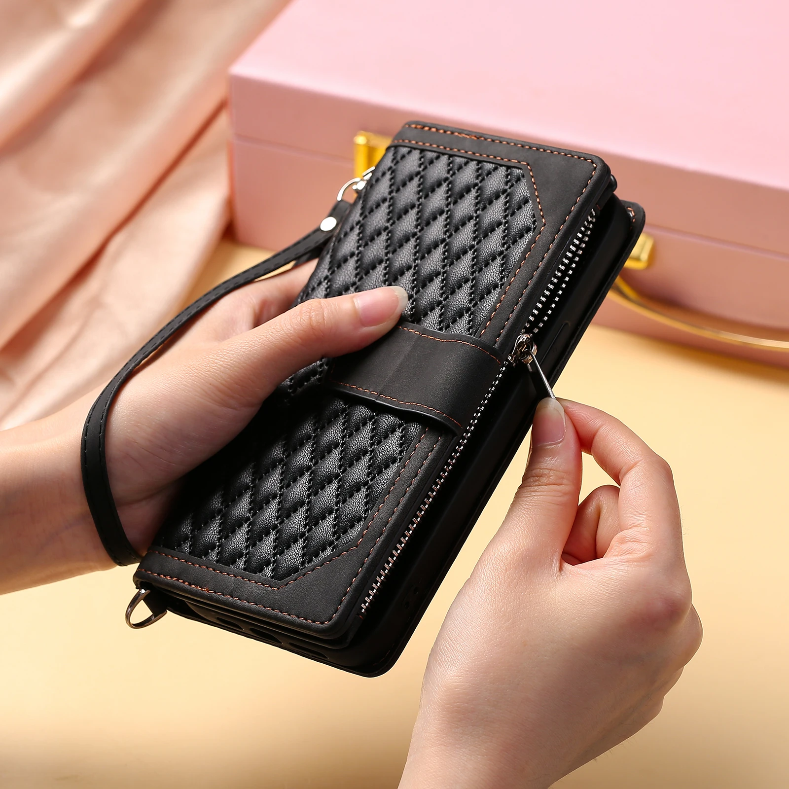 Rhombic Leather Case voor Samsung Galaxy S26 S25 Rand S24 Ultra S23 Plus FE A17 A16 A26 A36 A56 Flip Pols portemonnee Telefoon Cover