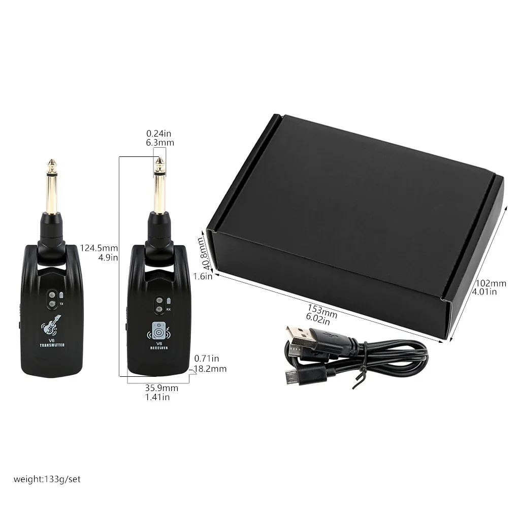 V6 Wireless Guitar System - Compact Electric Guitar Kit with Receiver/Transmitter & Charging Cable