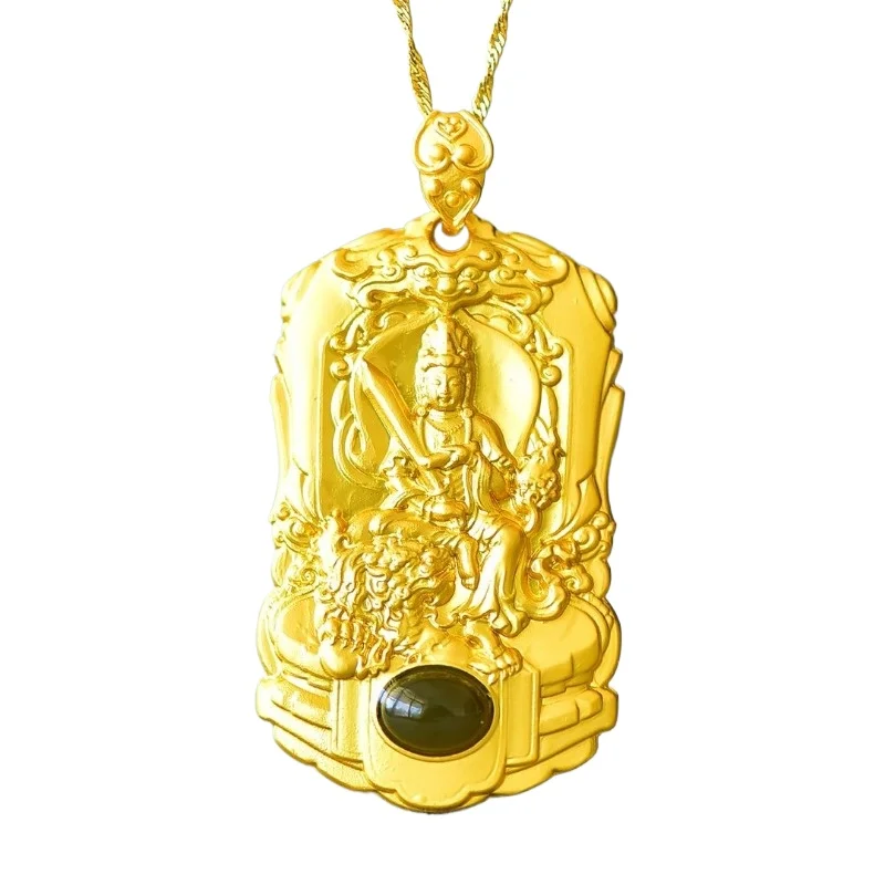 Copper Inlaid Hetian Jade Manjushri Bodhisattva Pendant