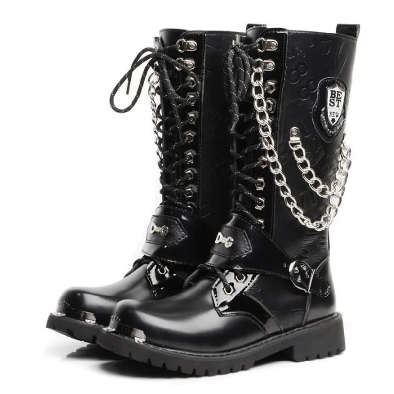 

High Top Desert Boots Mens Leather Motorcycle Boots Fashion Male Gothic Belt Punk Chain Boots 46