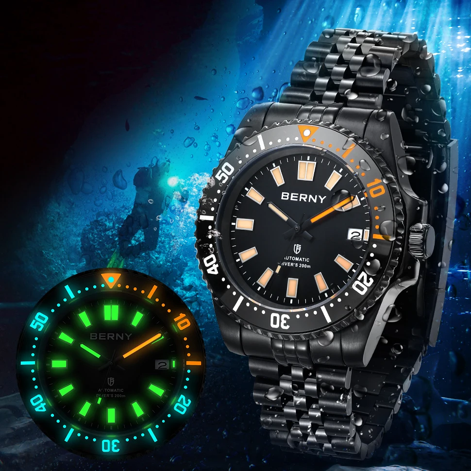 BERNY Men 20ATM Diving Automatic Self-Wind Watch BERNY NH35 Super Luminous Sapphire Sport Mechanical Automatic Men Wristwatch