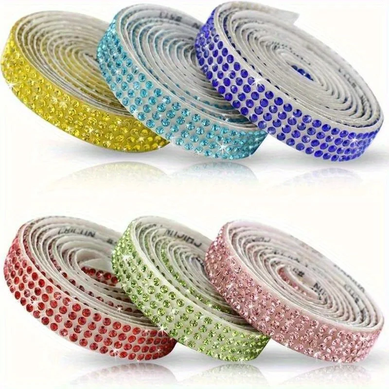 6 Rolls Of Self Adhesive Crystal Rhinestone Stickers Diamond Ribbons DIY Stickers Car Mobile Phone Decorations 4 Rows