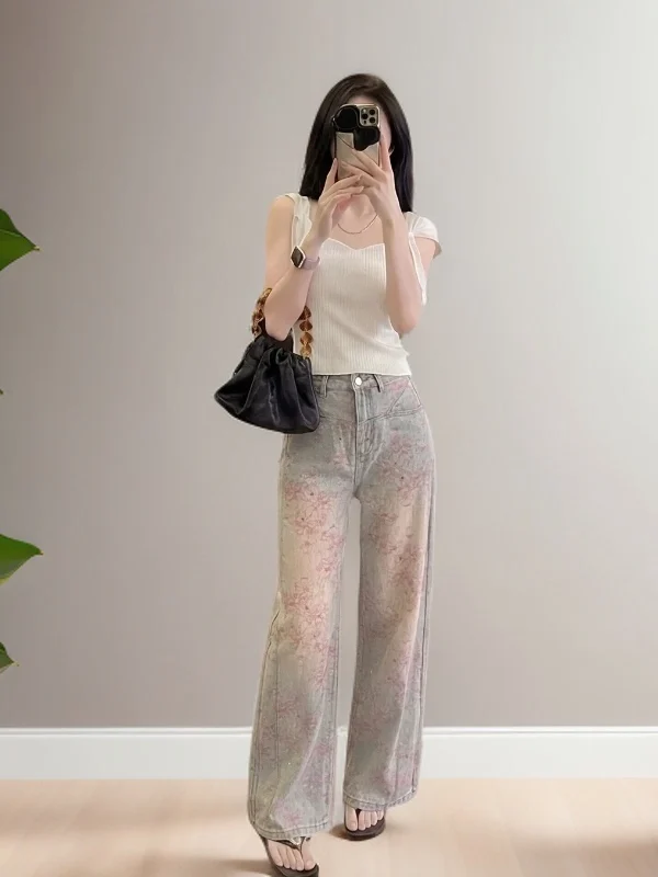 

Summer 2026 High Waist Heavy Duty Casual Glitter Sakura Wide Leg Jeans Women's Straight Floor-Length Pants Casual Style