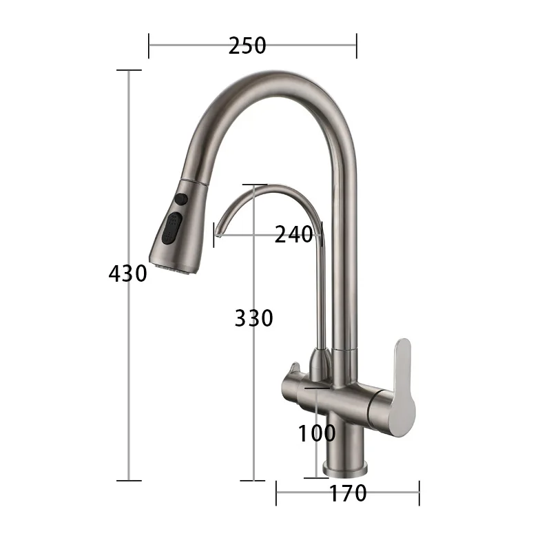 304 stainless steel hot and cold rotating kitchen sink pull-out faucet with purified water three in one double open pure