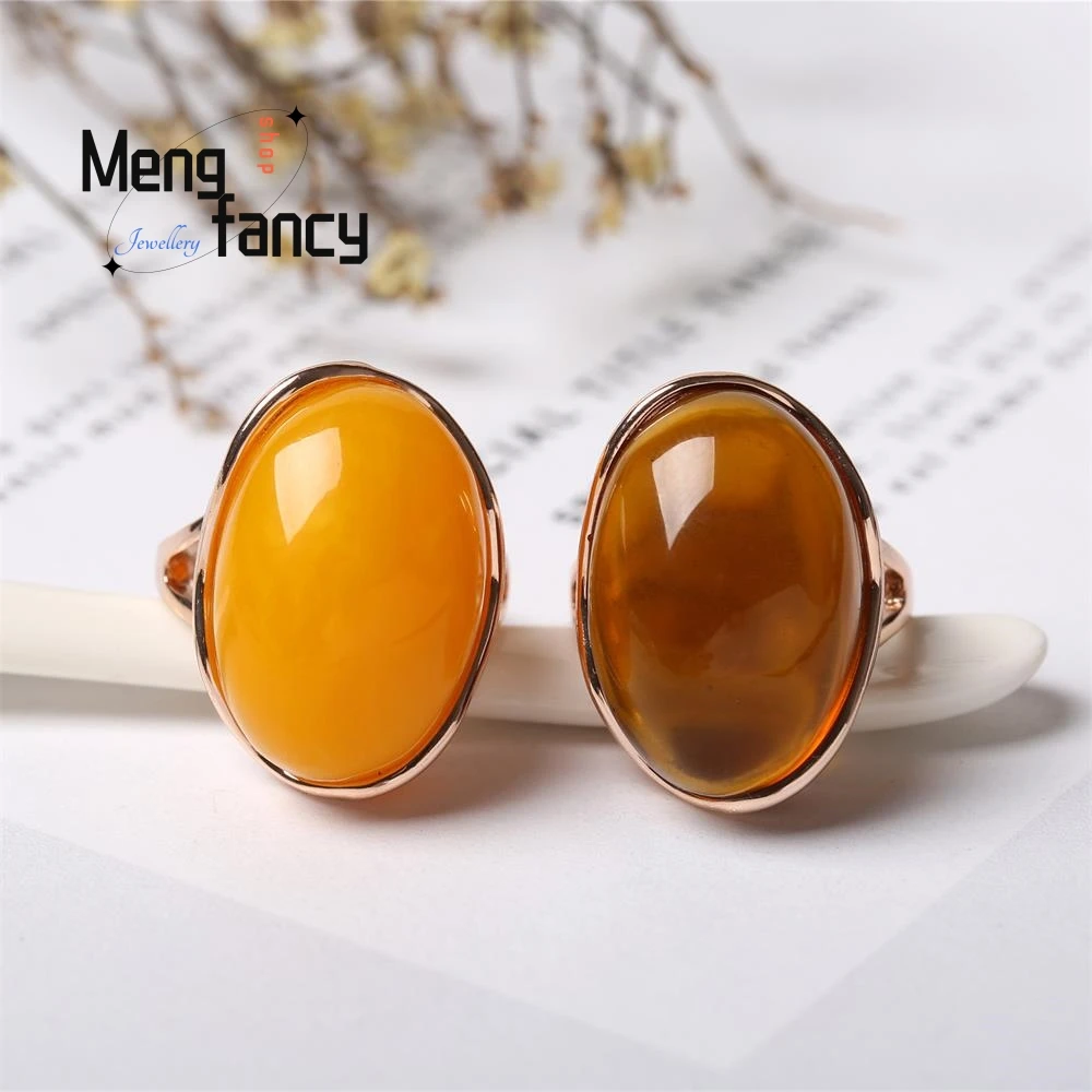Copper Inlay Vintage Classic Oval Amber Ring Butterscotch Beeswax Amber Rose Gold Plated Adjustable Open Ring Exquisite Jewelry