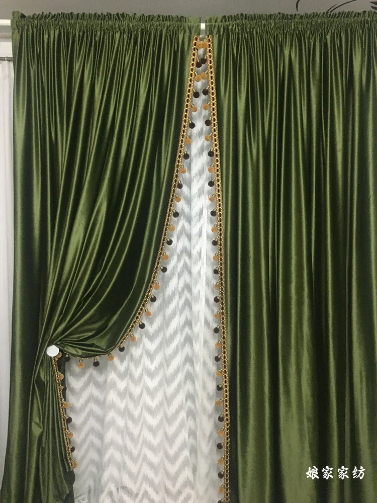 

Green Velvet Blackout Curtain Fabric Solid Color High-end Living Room Bedroom Light Luxury European Style Villa 1pc