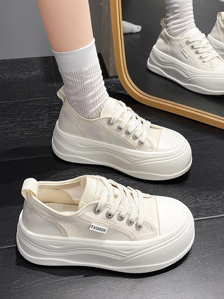 

Women's Thick Bottom Platform Canvas Shoes Summer Breathable Mesh Slip-On Casual Board Shoes Korean Style Low Cut Cross Buckle