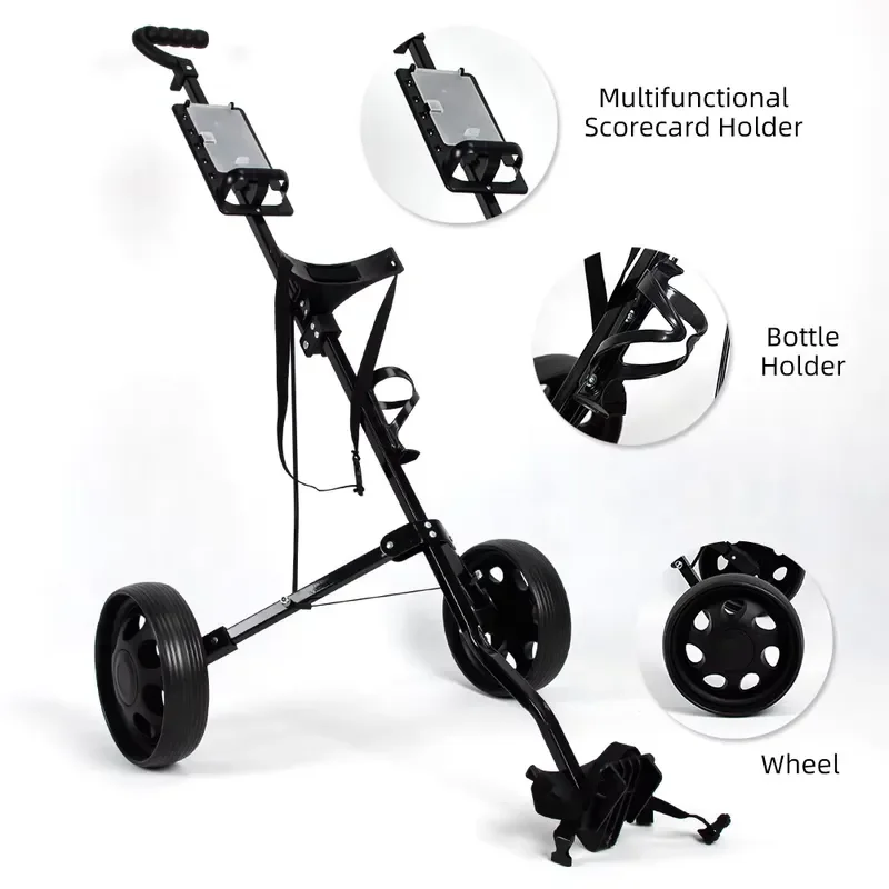 Foldable 2 Wheel Golf Trolley Push Pull Cart with Water Bottle Holder Lightweight Aluminum Frame Portable Bag Carrier for