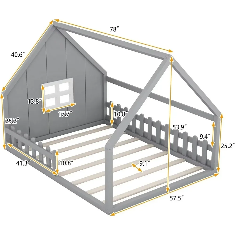 Bed Frame with High Fence, Montessori Floor Bed, Full Floor Bed for Kids, Girls, Boys, Full Size Montessori