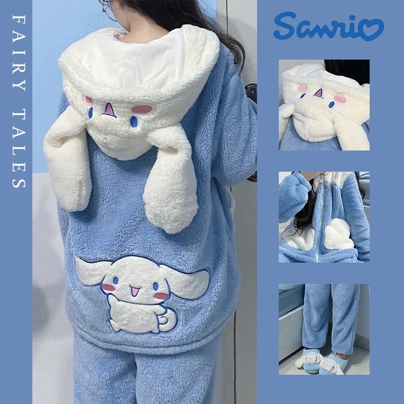 Sanrio Cinnamoroll Hooded 2 Pcs Pyjama Sets For Women Zipper Warm Cotton Plush Thickened Winter Long Pajamas Girl Homewear