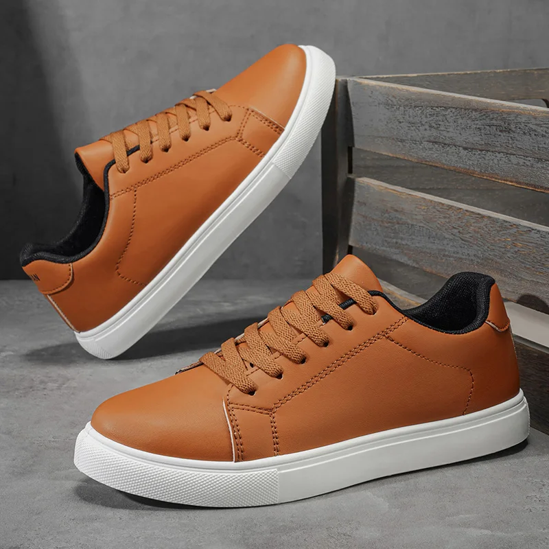 Men Premium Leather Skate Shoes Lace Up Flat Casual Sneakers Non Slip Daily Walking Footwear White Brown 2 Colors