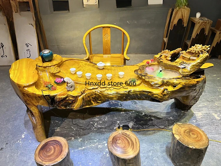 Boutique fish tank, flowing water, golden silk nanmu root carving, integral tea table drainage household