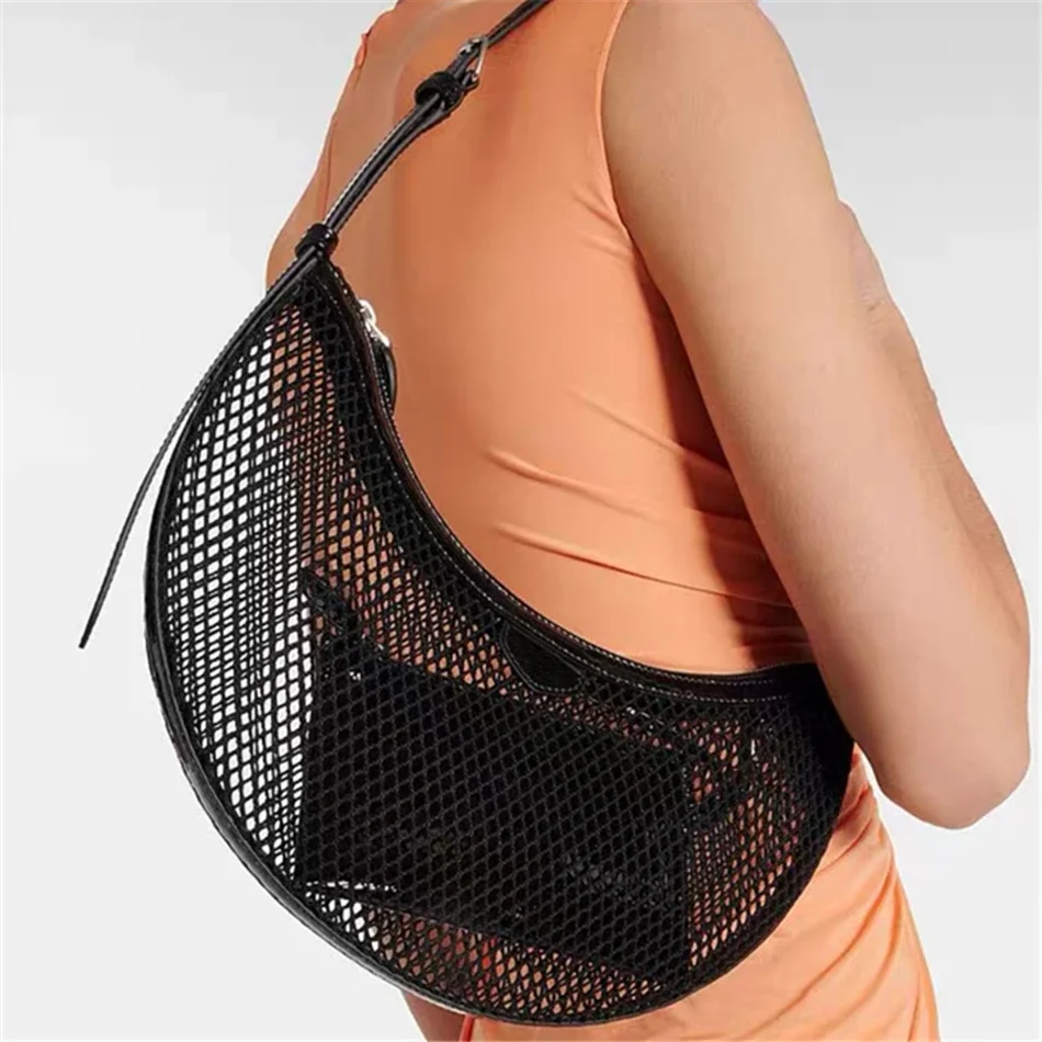 Half Moon Mesh Bags for Women High Quality Hobo DEMI LUNE Bags 2024 New Women's Hollow Fishing Net Shoulder Bags Leather