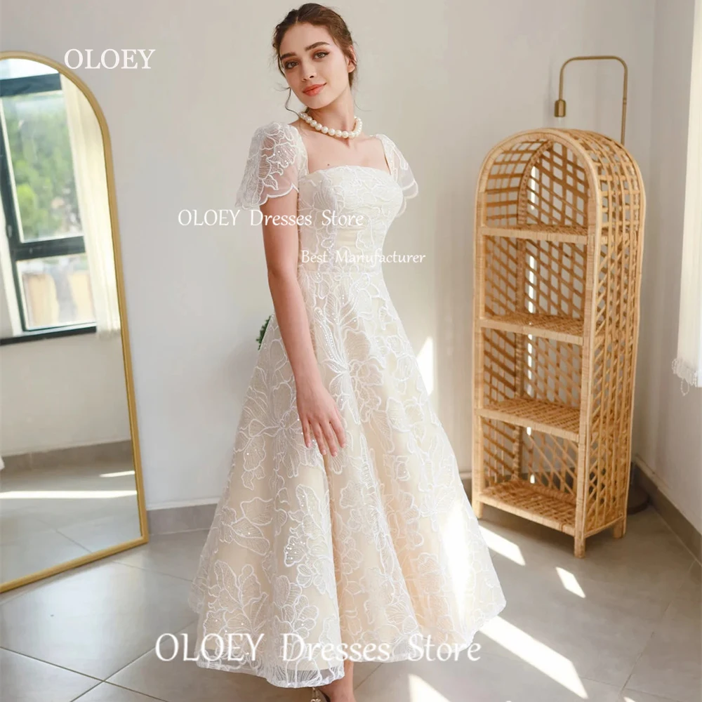 

OLOEY Glitter Beading Light Champagne Evening Dresses Square Collar Short Sleeves Ankle Length Wedding Gowns Birthday Formal