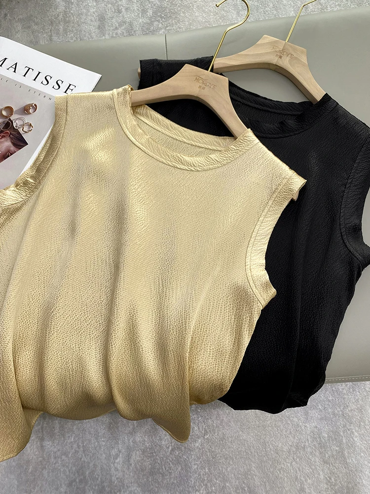

Comfortable Silk Base Layer Top Women's Summer Camisole Tank Vest round Neckline Pure Color Commute Style No Sleeve Straight Cut