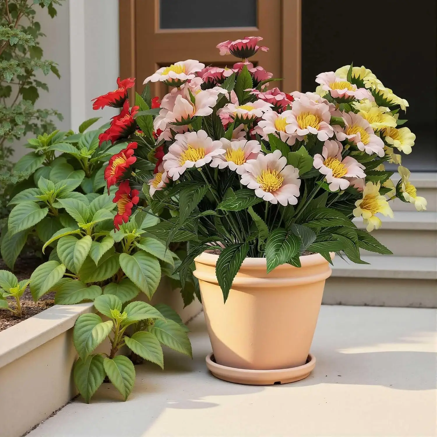 

Artificial Daisy Bouquet, Mixed Color Outdoor Flowers with Red, Pink, White Blooms, Realistic Floral Arrangement for Gar
