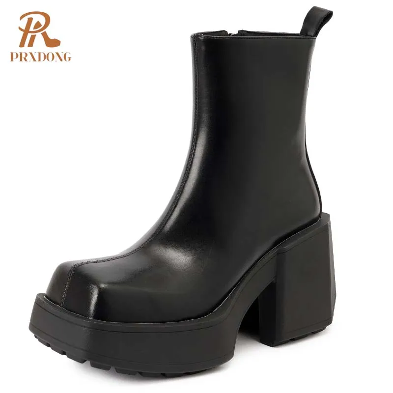 PRXDONG New Brand Autumn Winter Warm Shoes 2024 Genuine Leather Chunky High Heels Platform Black Blue Dress Casual Ankle Boots