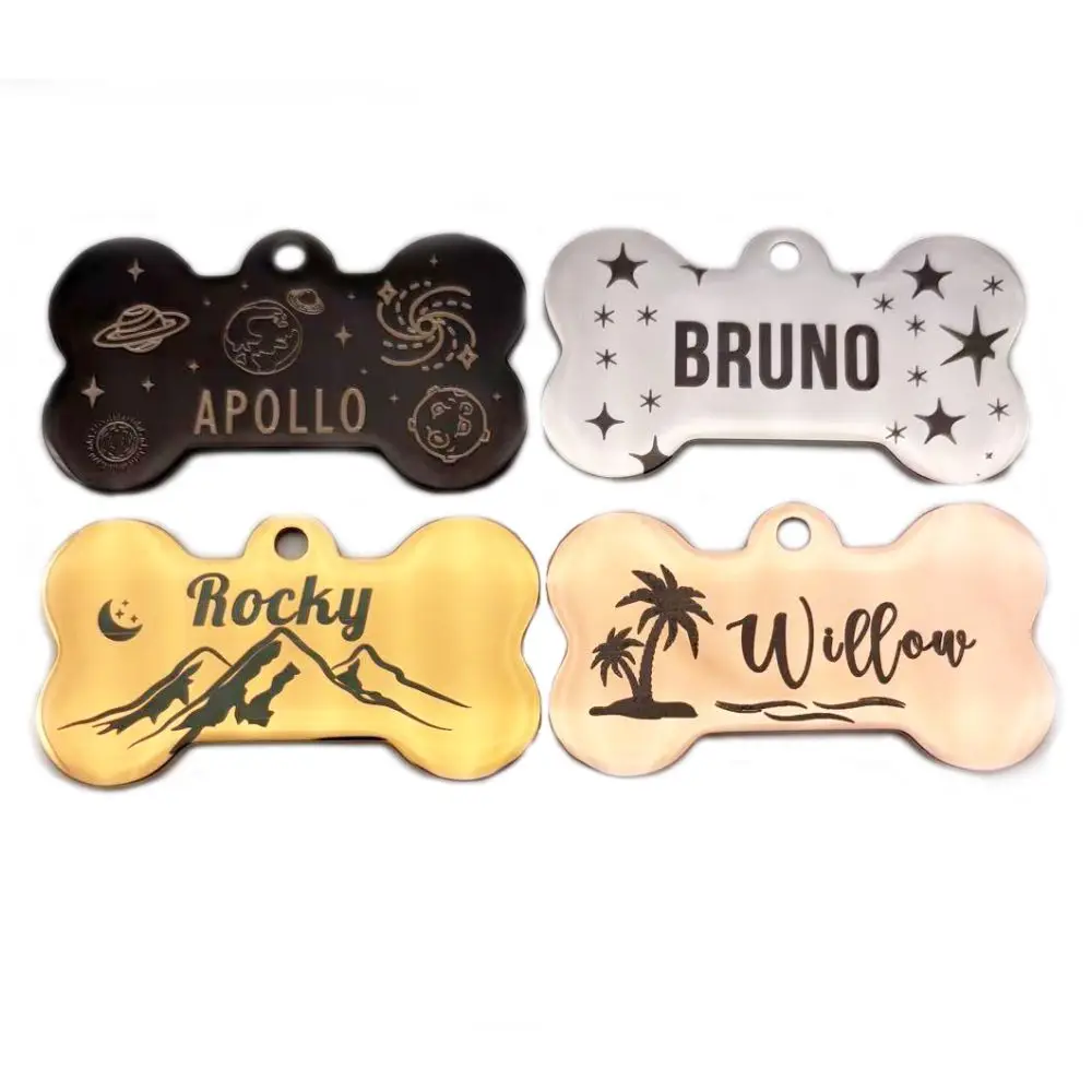 Free Engraving Pet ID Tag Stainless Steel Dog Cat Name Tags Collar Accessories Customized Pendant, Silver Gold Black Rose Gold