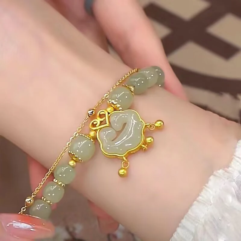 Lucky Jade Antique Bells Pendant Beaded Bracelet Chinese Style Auspicious Clouds Double Layer Bracelet Women Fashion Jewelry