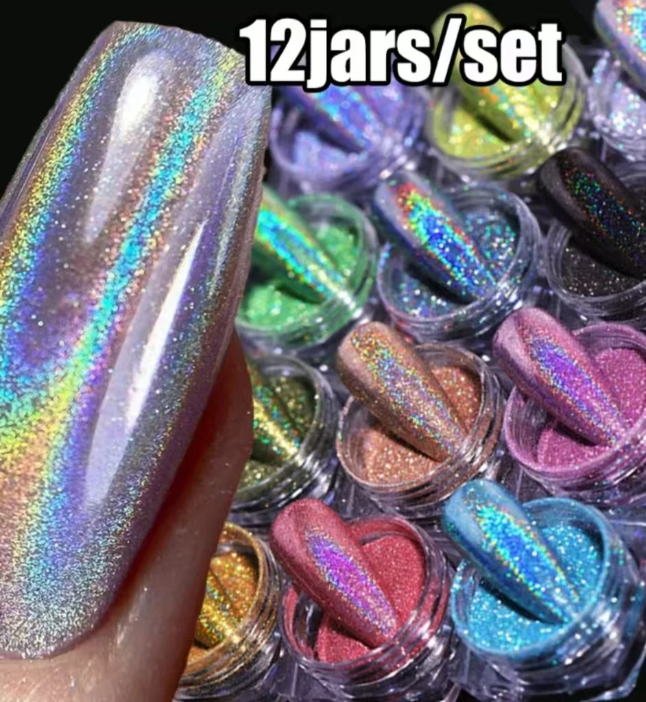 12 Słoiczków/zestaw Holograficzny Brokat do Paznokci Drobny Puder 0,05mm Super Błyszczący Jednorożec Tęcza Laserowy Puder DIY Efekt Lustra do Manicure