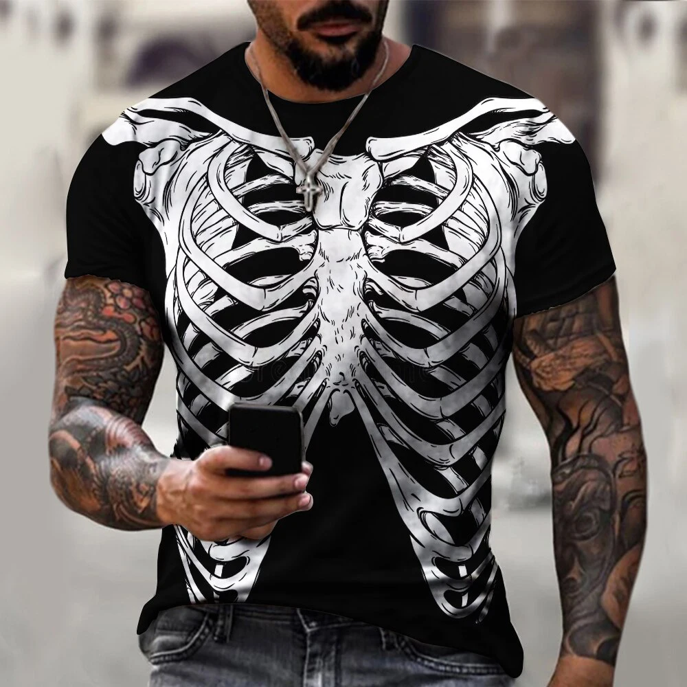 Camisetas de esqueleto de terror para hombres y mujeres, ropa de calle con estampado 3D de hueso aterrador, camiseta de manga corta de gran tamaño a