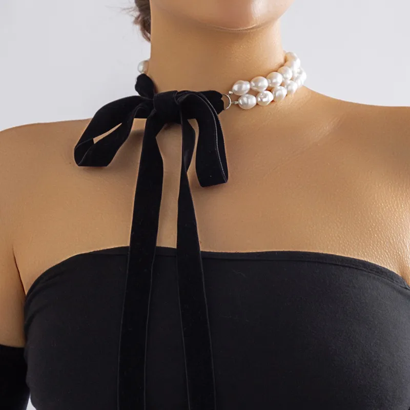 

Long Layered Pearl Necklace Wedding Party Lace Up Bow Large Imitation Pearl Choker Jewelry For Women White Necklace With Pearls