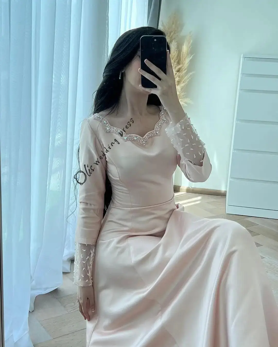 تخصيص أنيقة طويلة الأكمام فساتين حفلة موسيقية مغرفة الرقبة الطابق طول حزب فساتين المحدبة فساتين السهرة