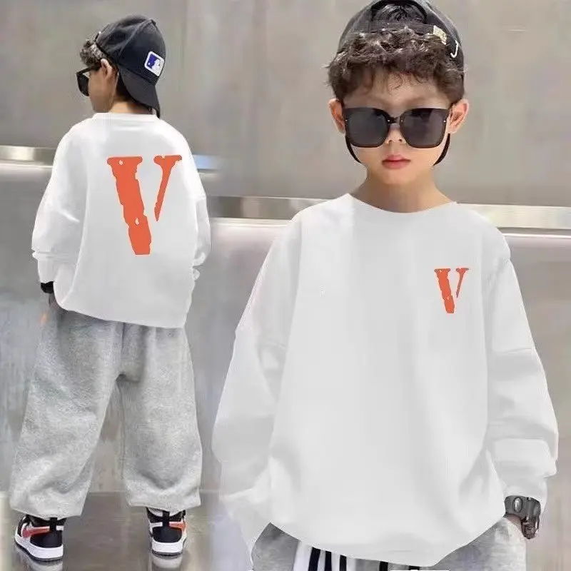 V Printed Boys\' Cotton Sweatshirts Hoodies Autumn Winter Long Sleeved T-shirt Korean Cartoon Sportswear Children\'s O Neck Top